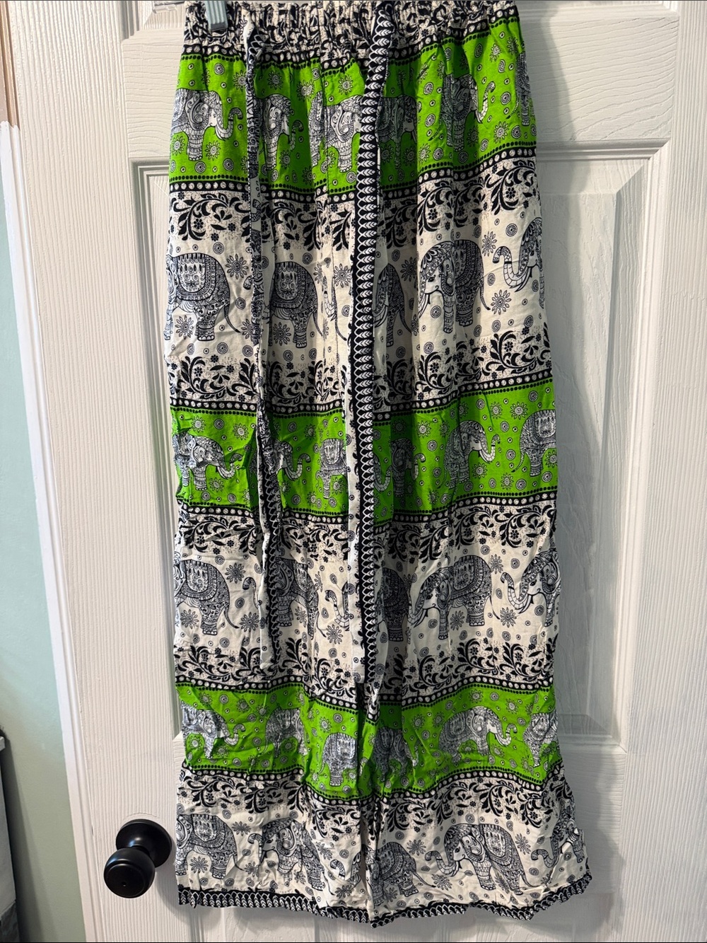 Bohemian Elephant Print Green & White wide leg pants - Unbranded